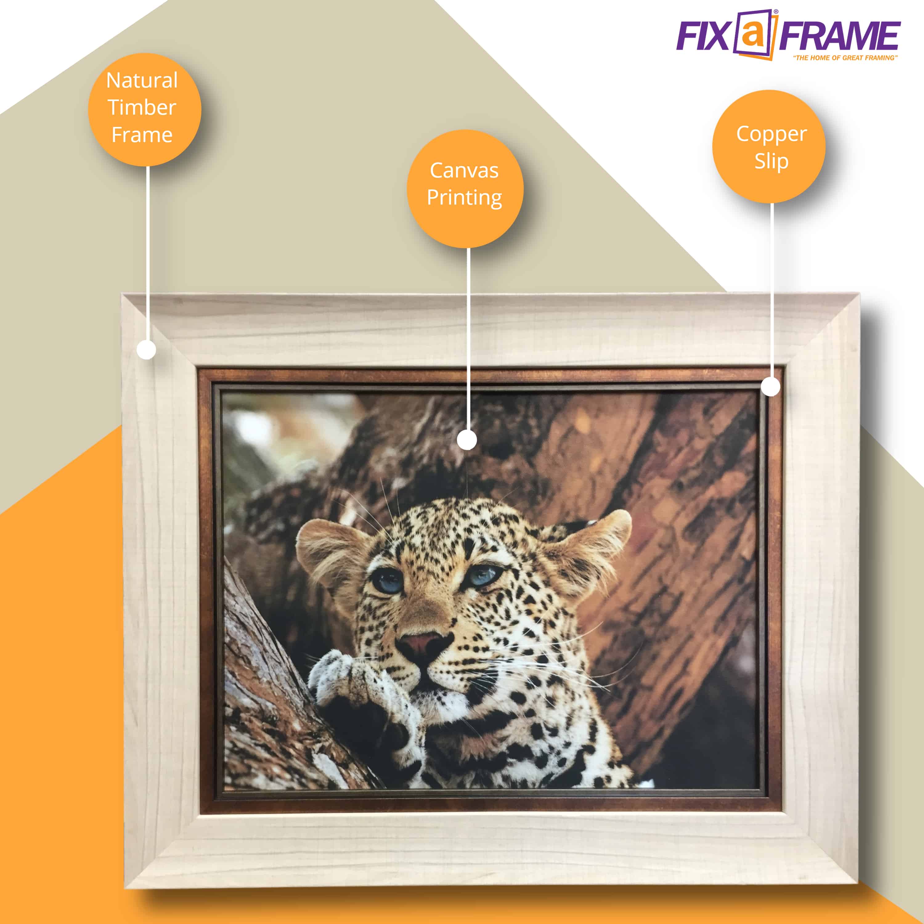 Natural timber picture frame for leopard photo on canvas